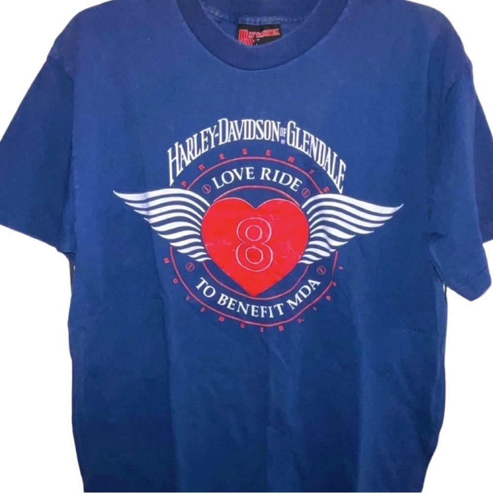 Vtg. 1991 Harley Davidson LOVE RIDE HD #8 of Glendale, Ca. T-Shirt Blue Si…